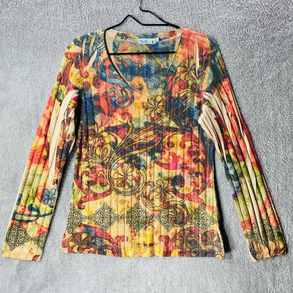• UNITY WORLD WEAR Multicolor Top Women Size Large V-Neck Long Sleeve Print Rib